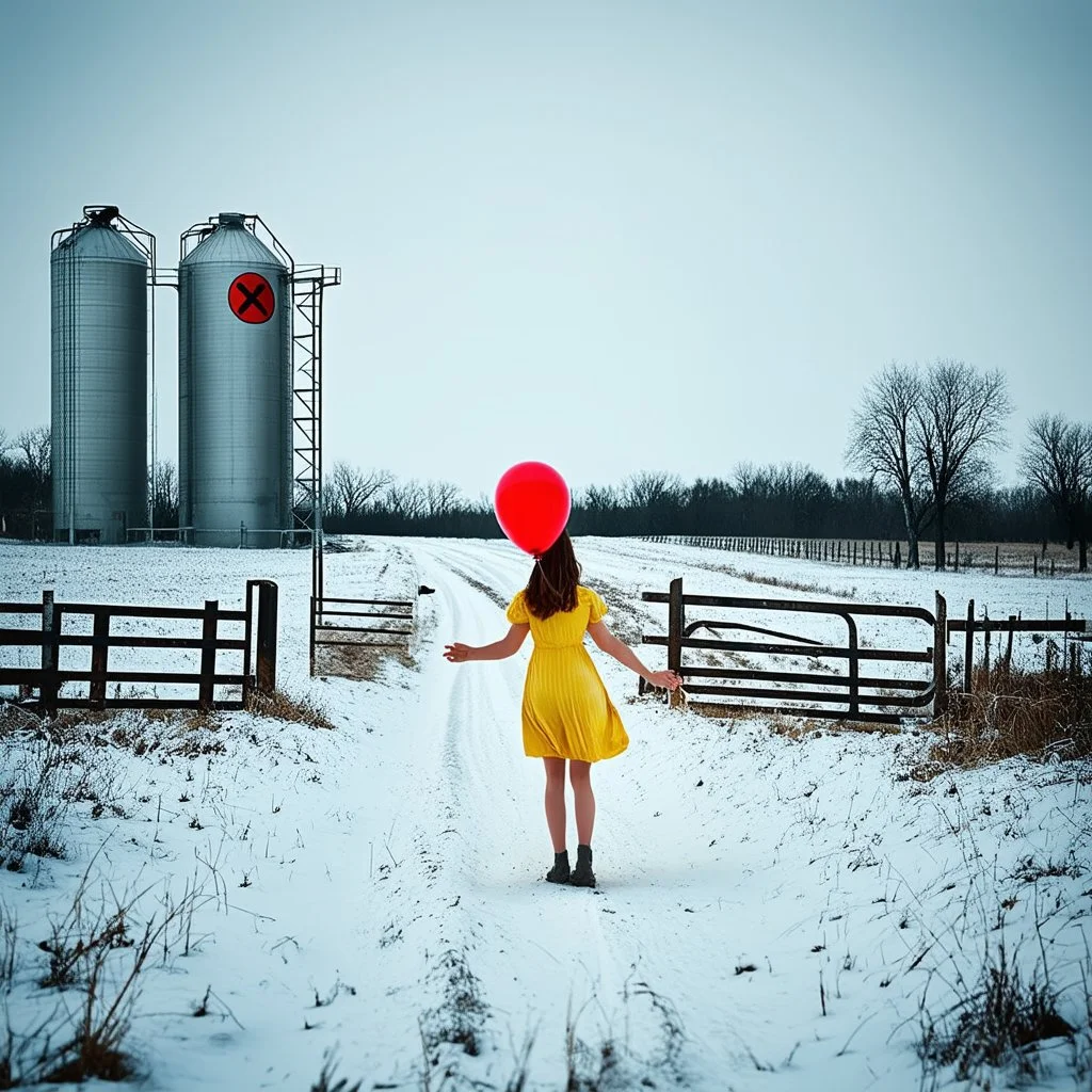 Bonkers absurd and makes no sense, glitchy washed out photography, anthropomorphic bovine sepsis with very long legs and engine udders, girl in sun dress holding a red balloon approaches the cattle gates of nightmare, surreal, profound, dramatic, low contrast, sinister farmpunk, background a creepy absurdist winter snow covered farm with silos with nuclear symbols on them