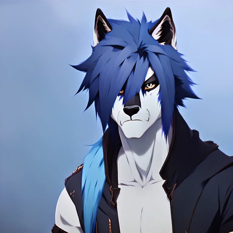 wolf furry blue hair digital art anime style male white fur anthropomorph