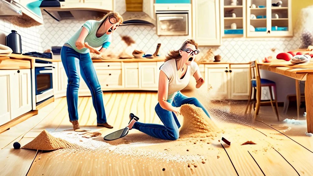 woman on the phone while husband pours baking flour all over the the floors and throw rug looking for make believe invisible tabletops