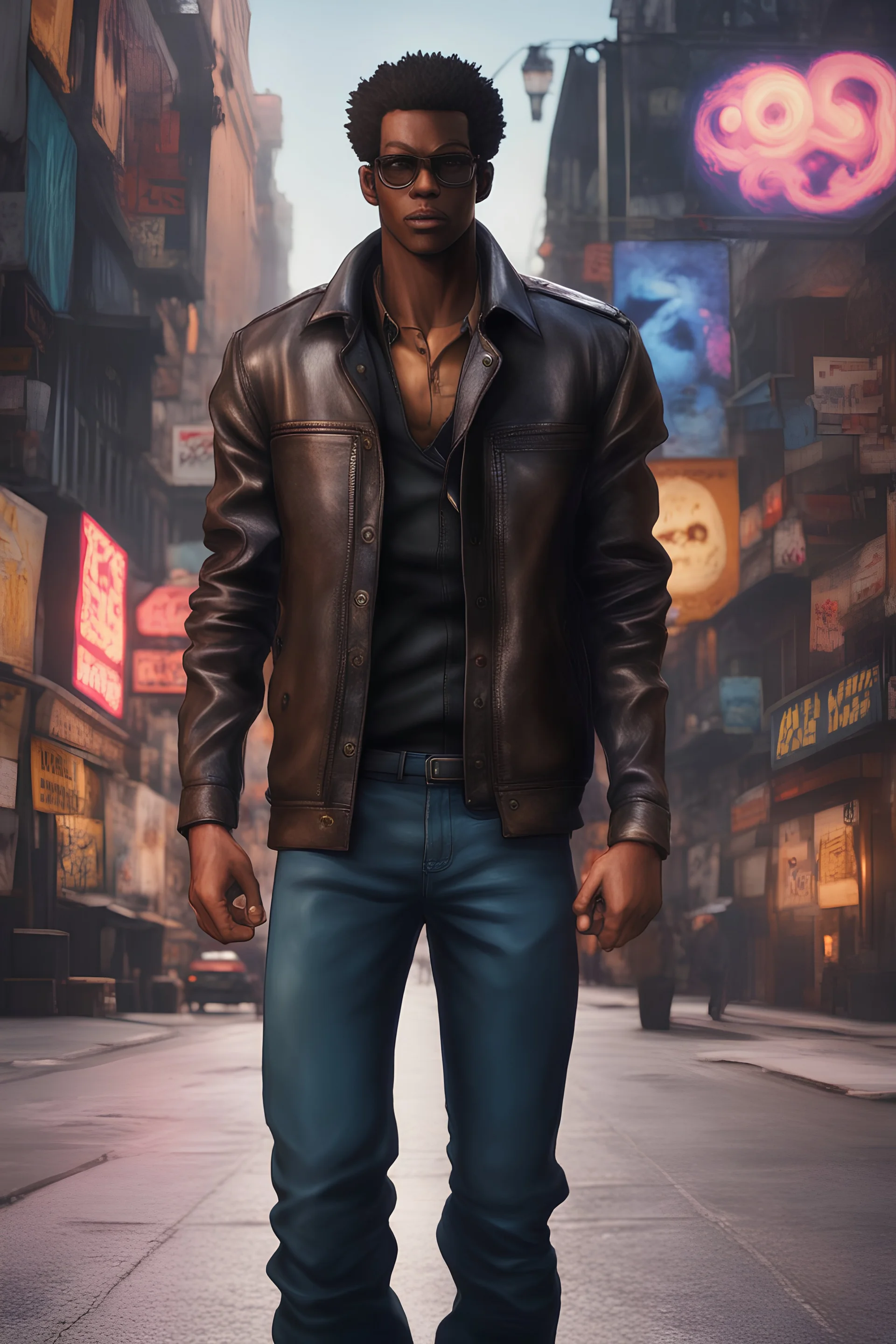 70s Blaxpliotation Man In A Button Up Shirt And Leather Jacket With Monster Collecting Powers,urbancore,after hours aesthetic,,gen x soft club style,Hunter X Hunter Style,Jojo Style,Street Fighter Style,Mortal Kombat Style, Tekken Style, Kof Style,2000s Cartoon Style,Killer Instinct Style,Final Fantasy Style, Todd Mcfarlane Style,mike mignola style