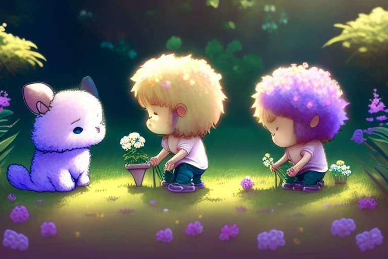 two cute fluffy chibi creatures, one kneeling and planting flowers, the other watching with arms folded in the sunshine, etherial