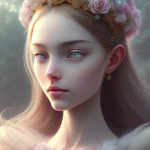  full Closeup face portrait of a girl wearing crown of flowers, smooth soft skin, big dreamy eyes, beautiful intricate colored hair, symmetrical, anime wide eyes, soft lighting, detailed face, by makoto shinkai, stanley artgerm lau, wlop, rossdraws, concept art, digital painting, looking into camera