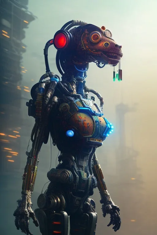 portrait post-apocalyptic robots in a cyberpunk city, realistic, intriacte detail, sci-fi fantasy style, volumetric lighting, particales,highly detailed,cinamatic, deep colours, junkyard,