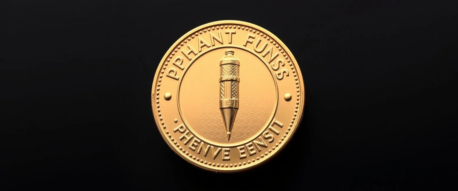 a coin with an emblem of "Phantom Funk Pencil" by Lee Falk