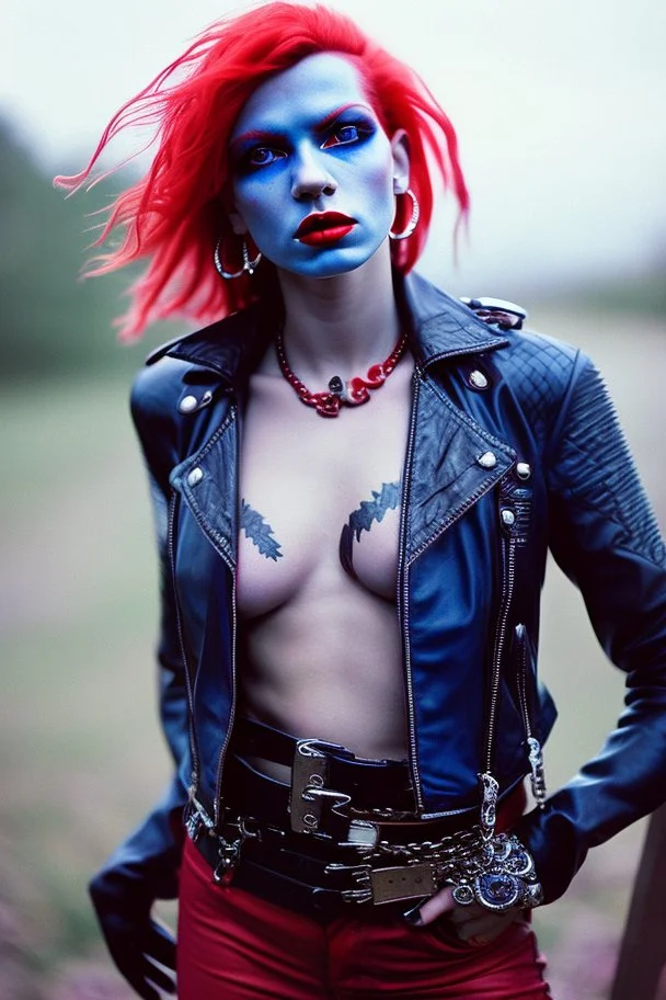 photo of a beautiful Polish young punk woman taken by a Mamiya M645 camera with portrait lens on colour medium-format film, red lips, blue eyes, red mohawk, black leather jacket, Ramones style, heavy boots, fishnet stockings, torn t-shirt, nosering, few earrings, belly ring