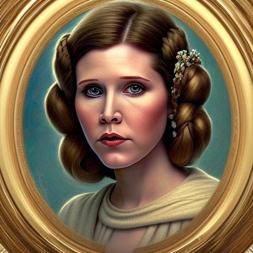 round framed complete and fully detailed head to waist portrait of young carrie fisher as Princess Leia with detailed hairstyle by Mandy Jurgens and mucha and Richard Schmid and chuck close and chie yoshii, beautiful detailed dress,