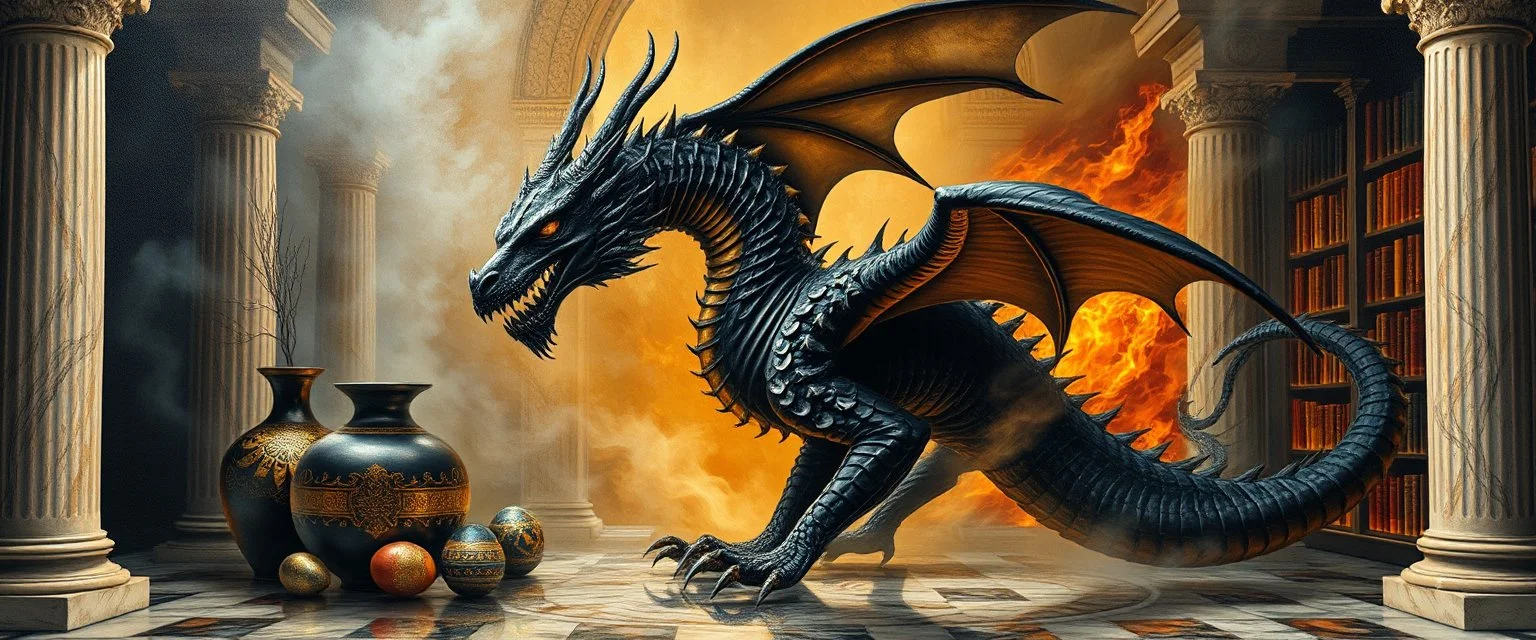 master oil painting by Escher and Giger, glaring vases and black humanoid reflective expressive dragon and hidden golden dragon inside marble hall library, cryptic eggs, sacred geometry, fire fog and steam border, fire elemental creature, twisted dimensional portal for ice elemetals only