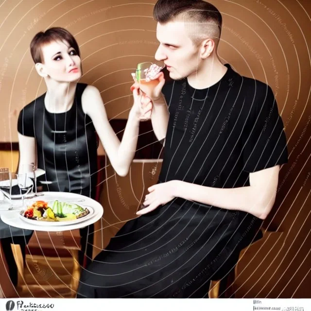 Russian guy young widow boyish boylike short man's haircut men's face boyish features in black girlish lacy cocktail dress as mother in restaurant