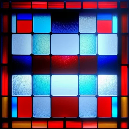 Hyper realistic piet mondrian, squares, stained glass window with lead caming, 4k, sunny day outside, reedglass, ambient glowIng glass