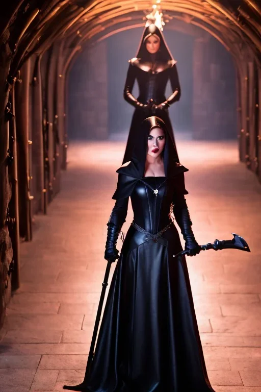 mature evil witch in black leather gown with a leather whip in her hand, big chest, angry face, inside a dungeon