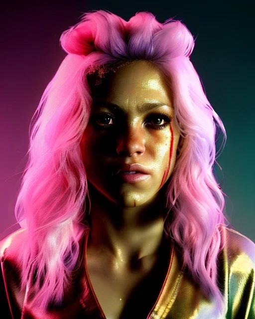 portrait, Shakira, blonde artist, angry, Realistic image, MMA robe, hoodie, mouthguard, nose, band aid, loose long hair, eyes make up, line gold make up, glow, circle iris. Rain, fog, Neon colors, leds. Dark background, photo studio, concept art, smooth, unreal engine 5, god lights, ray tracing, RTX, lumen lighting, ultra detail, volumetric lighting, 3d, finely drawn, high definition, 4k.