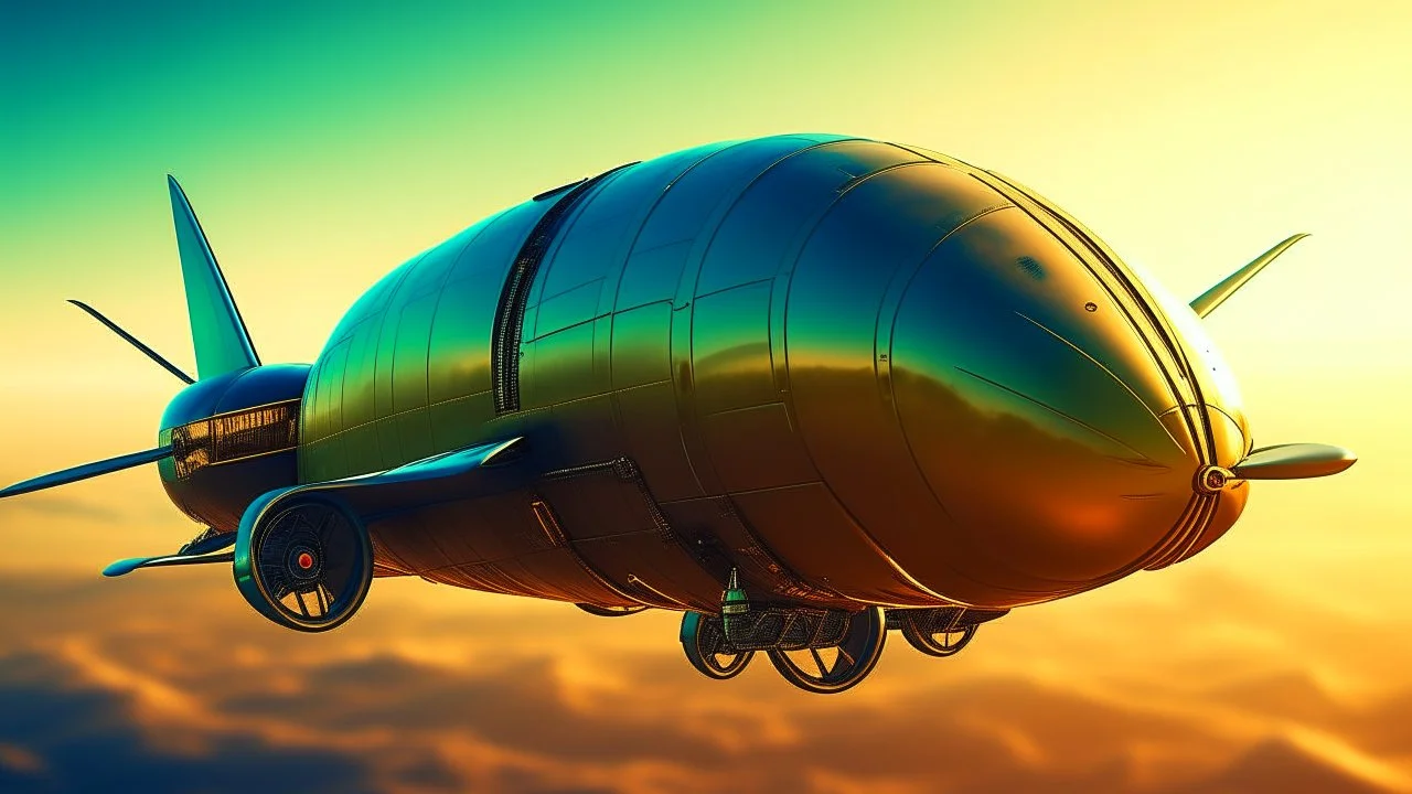 a high definition screen shot of a jet-fighter vw-beetle, blimp retrofuturistic, phototrealism, in flight, one subject,