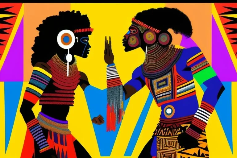 two arafed persons arguing in ritual combat stance, afrofuturism, arafed angularity, aztec vibe, patchwork vibe, side view, aztec room with extreme body action, sharp color contrasts, amazing shadows, exaggerated limbs and heads, minimal cozy, warm palette, bright bold warm summer colors, ritual scene, futuristic tribal style, Aztec influence, sculptural helmets, spiked headdress, geometric borders, patterned red rug over dark wooden floor, tribal ceramic vases with potted plants