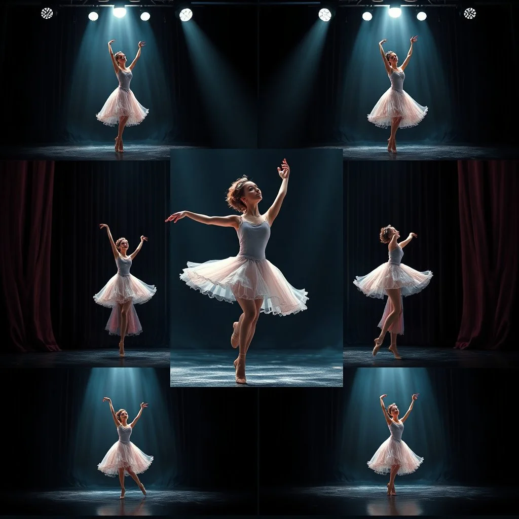 create storyboard of 9 images of a beautiful balerina in pretty clothing in a modern cifi stage in her performance cinamatic lights .