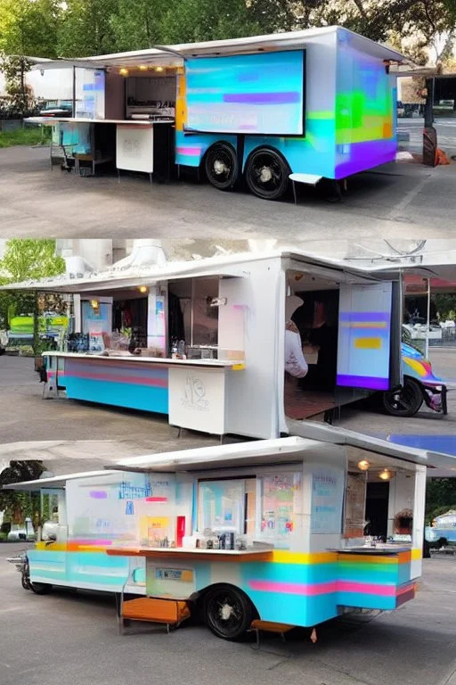 modern looking food truck that has a bunch of bright paint and flashy lights