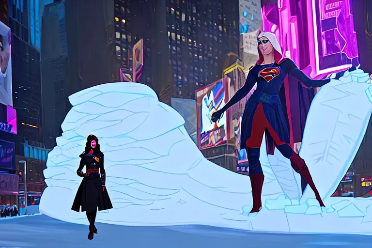 Supergirl building a giant snowman in Times Square.