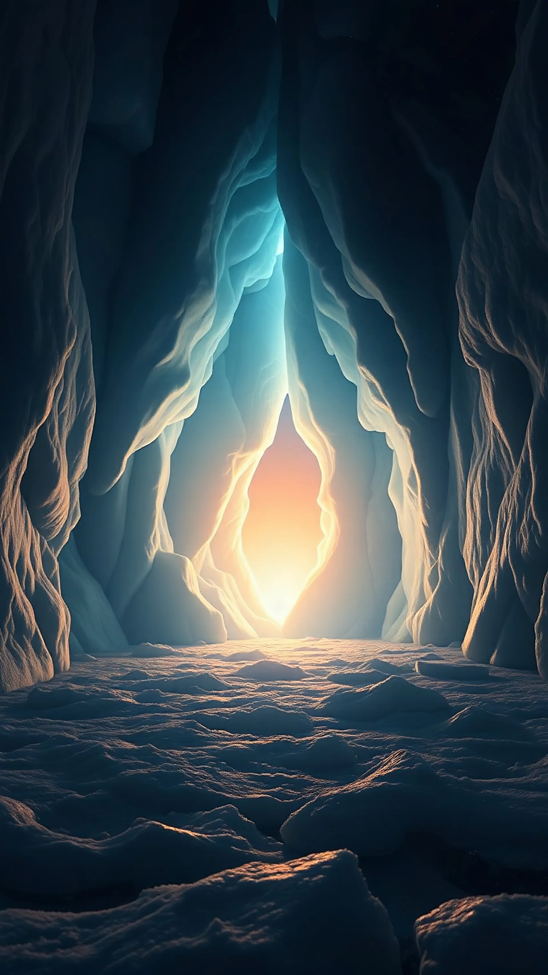 Prompt: "A mysterious, glowing portal or opening in the ice, symbolizing the hidden secrets of Antarctica waiting to be uncovered. The light emanating from it contrasts with the cold, dark surroundings, creating a sense of anticipation and intrigue."