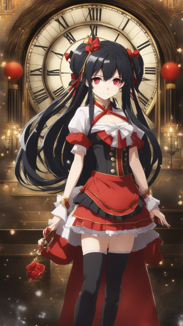 Tokisaki Kurumi appears to be elegant and has very polite manners, ivory skin and long, evil smile, crazy smile, black hair usually tied in long twin tails, deferent Eyes colors, right eye is red-tinted color, left eye appears as a golden color, inorganic clock face, a girl with astonishing beauty, wearing her astral black and red dress 'Elohim', left golden eye, intricate details, highly detailed, ASIAN STYLE