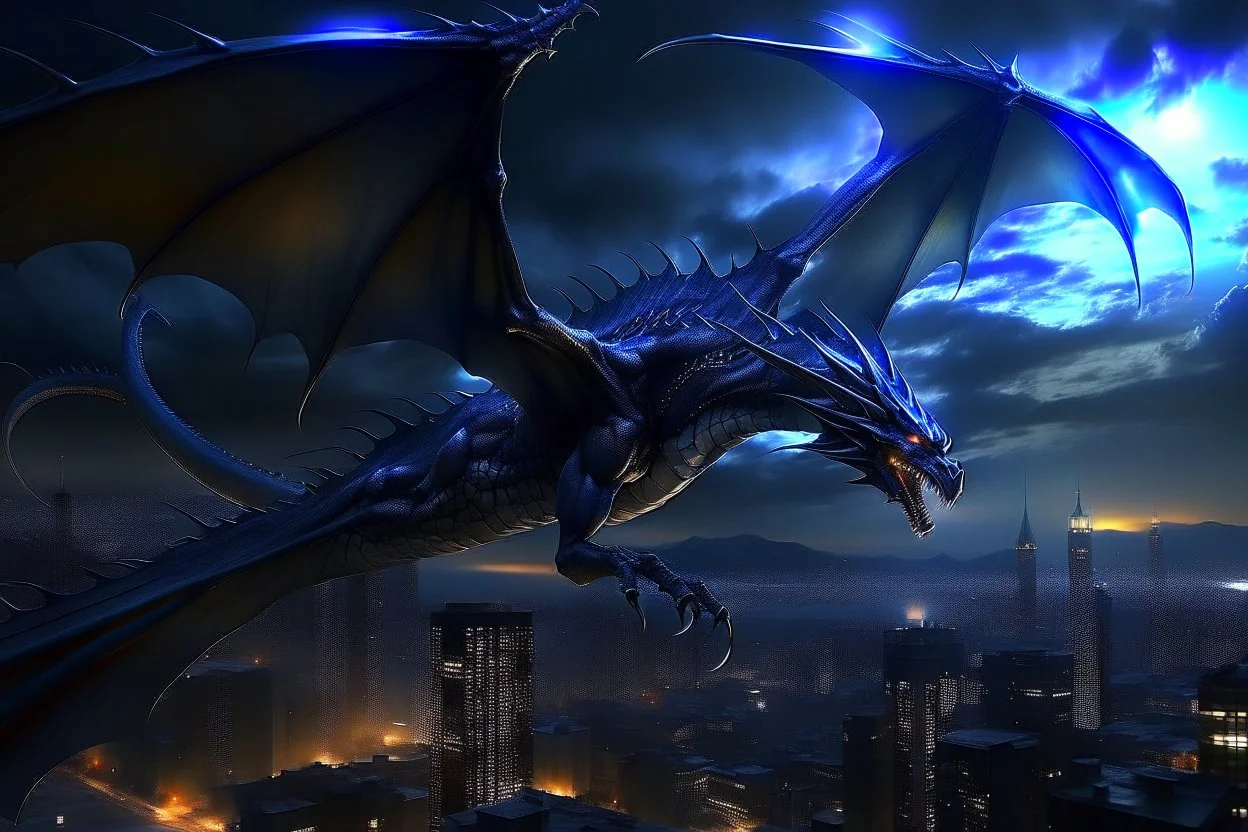 black dragon in flight city in the background at night