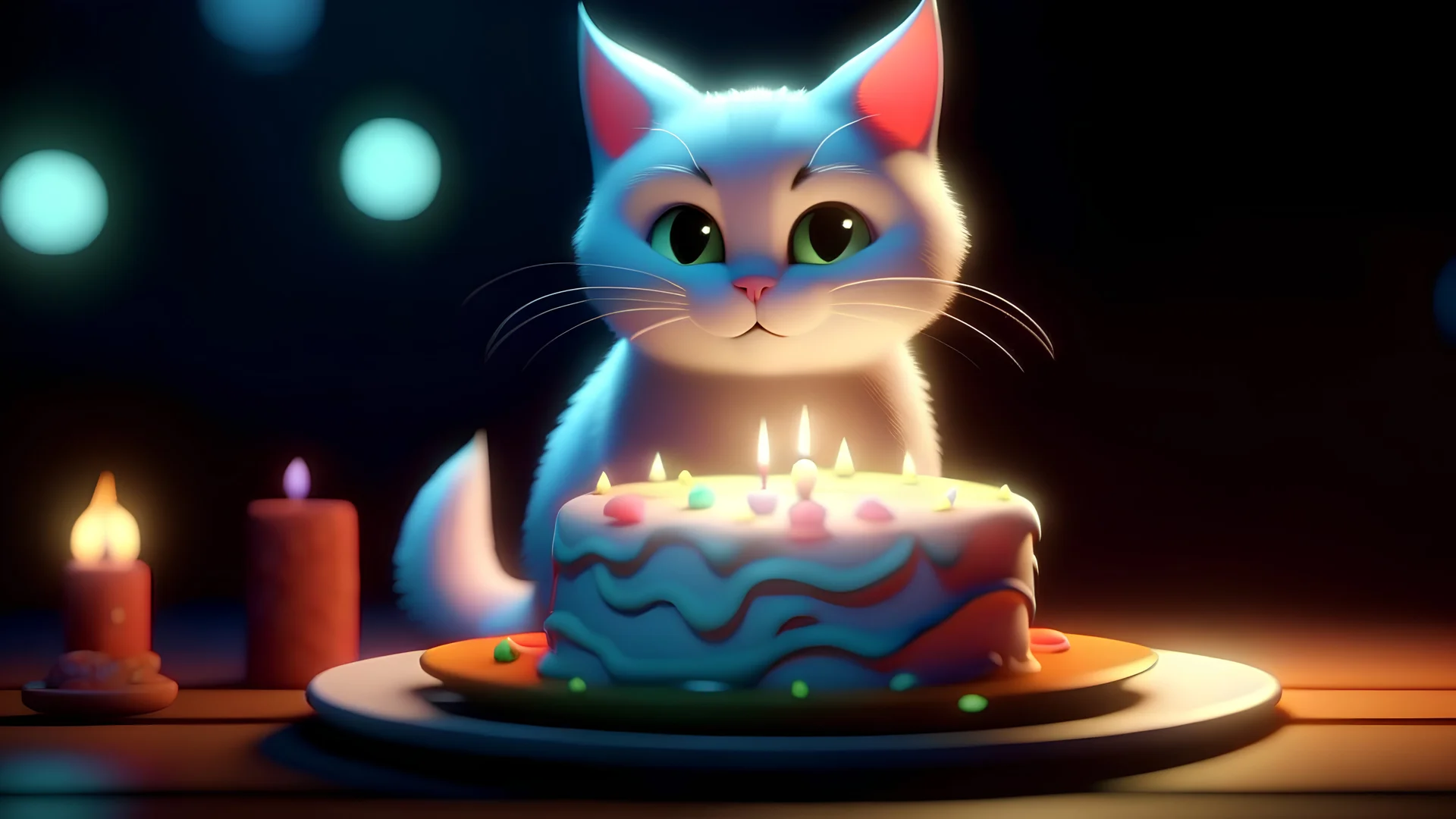 white cat eating cake with cinematic light Pixar style cool colors