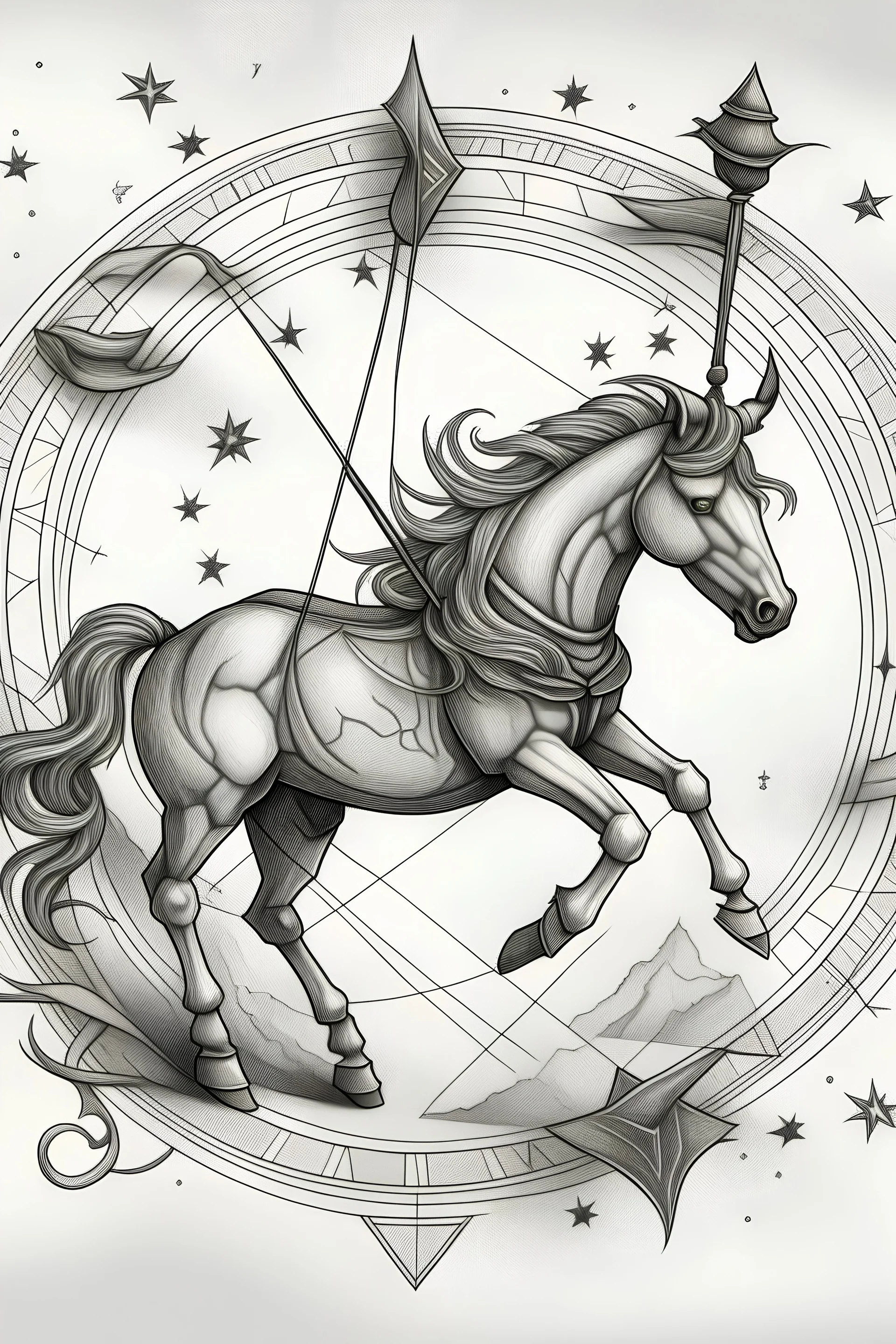 zodiac sign "Sagittarius" drawn in pencil in shades of gray against the sky