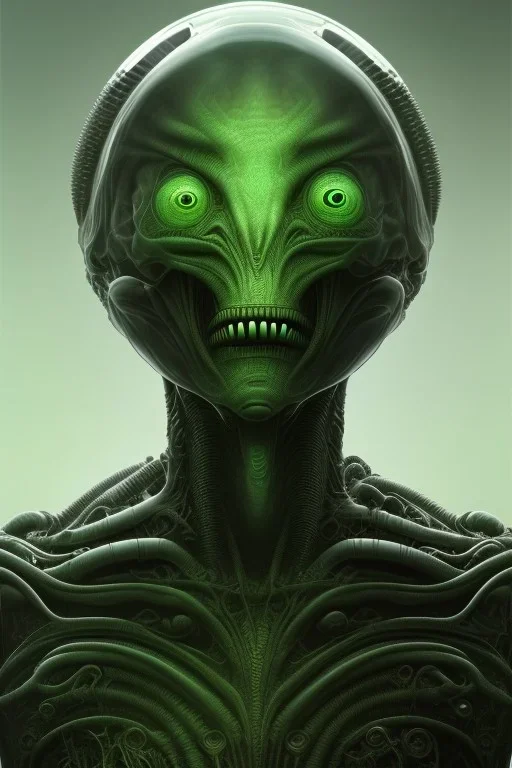 alien, head, evil,green eyes, weapons, blood, 8k, finely detailed, photo realistic, HR Giger style