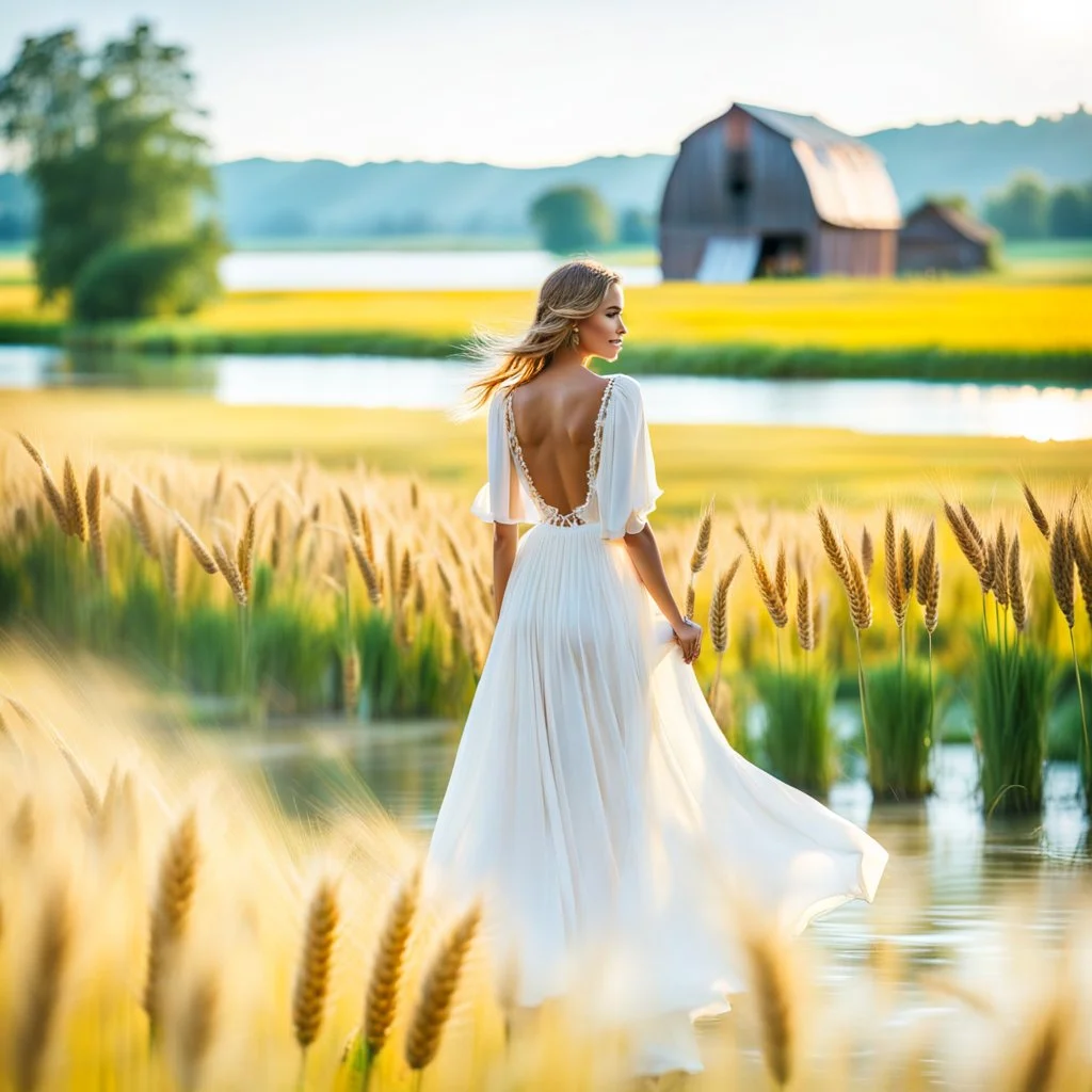 wide angle shot of golden wheat field next to river ,a watermill on river, a beautiful girl in pretty long dress walking in