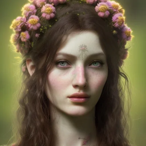 A beautiful female celtic druid with hair made out of flowers, digital art, HD, 8k, high definition, very high quality, detailed eyes, nature, druid, fantasy