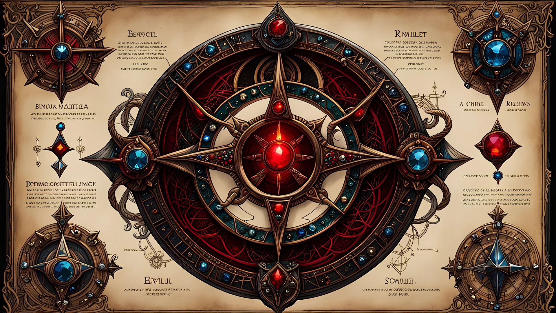 a ((demonologists_hand-drawn_schematic_of_evil_amulet_on_jeweled_text-covered_parchment)) bold lines and loose lines, satanic art style, deep rich colors, (shiny glass jewels), ultra quality, ultra-detailed, 16k resolution, trending on Artstation, symbols, runes, bone, unique