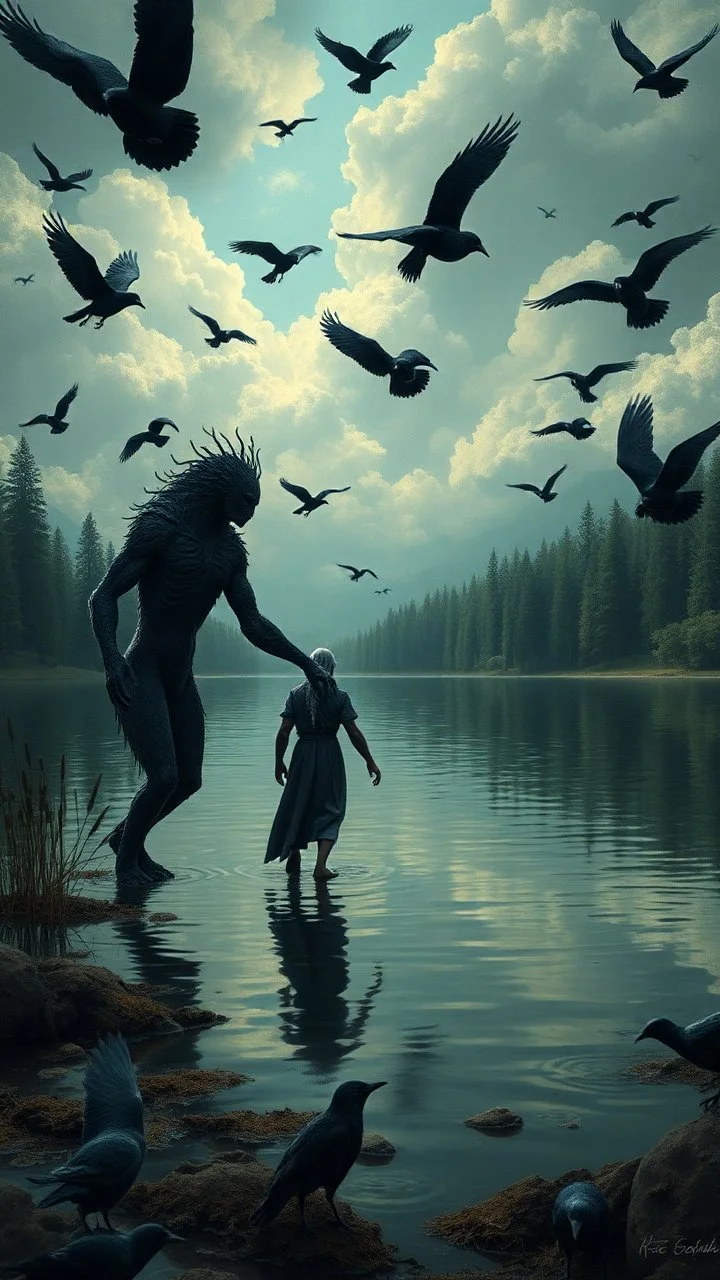 Bosch painting style nightmare , 3D , 2 creatures hand in hand by the lake from distant view surrounded by black birds, high Quality picture , 8k