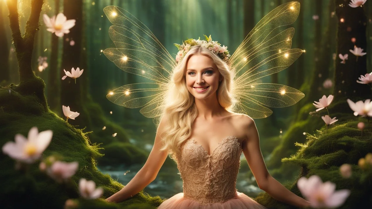 A gorgeous smiling blonde model in a fairy outfit with great glittering wings in a magic forest with 1000 y/o trees, a small torrent, loads of mini flowers, moss, sun rays through the branches, particles in the air at spring