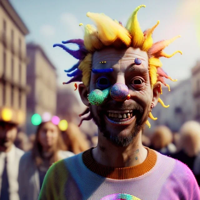 Ultra Realistic photo, medium shot view, drunken sweet jumper Spanish woman, carnival scene, monster hair, steampunk style. Yellow hair, confeti, smile, happy, festival, ovnis, gradient color fog. highly detailed, concept art, unreal engine 5, ray tracing, RTX, lumen lighting, ultra detail, volumetric lighting, 3d, finely drawn, high definition, high resolution.