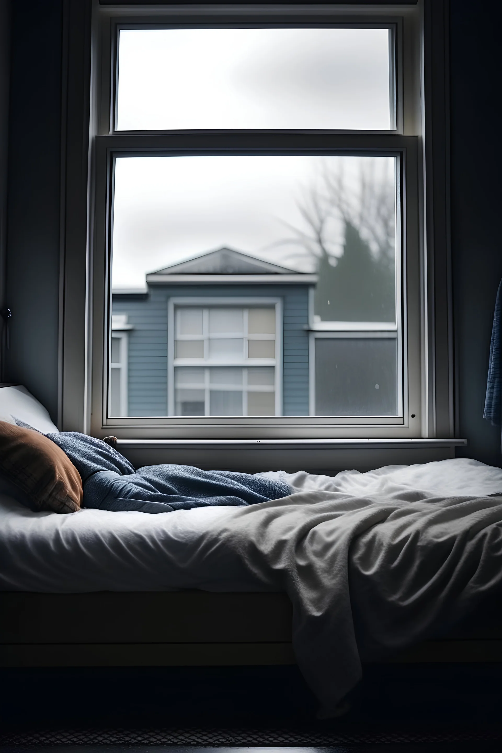 A person sleeping on the bed next to a window in rainy weather