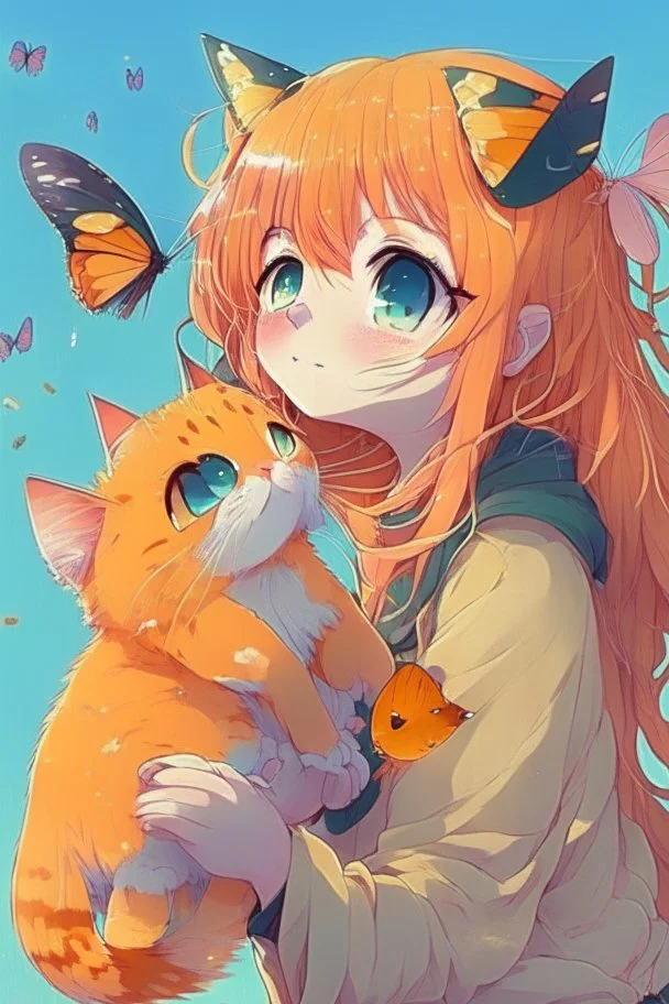 very cute anime cat with long orange hair catching a butterfly