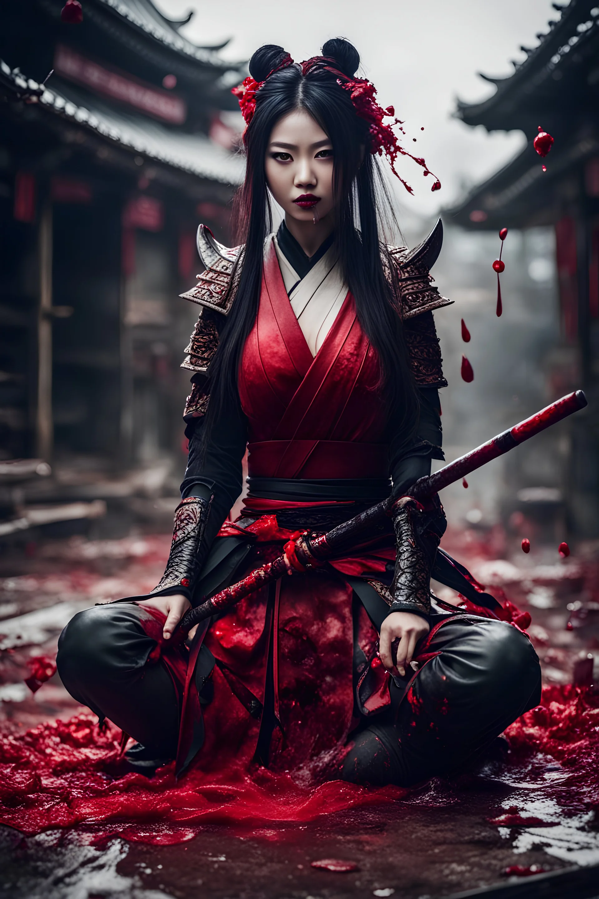 Tall girl samurai, siting pose, fullbody, splashes blood, behind guts rising from the ground, intricate, darkred tones, macro photography,