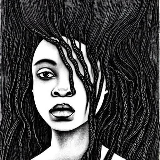 Paper. Pencil sketch art .the face of A young black woman. A wood nymph emerging from the forest. Her hair looks like vines. Dreadlocs. Her skin is the colour of dark soil. Her skin looks like tree bark. Her clothing is made of vines, grass and leaves.