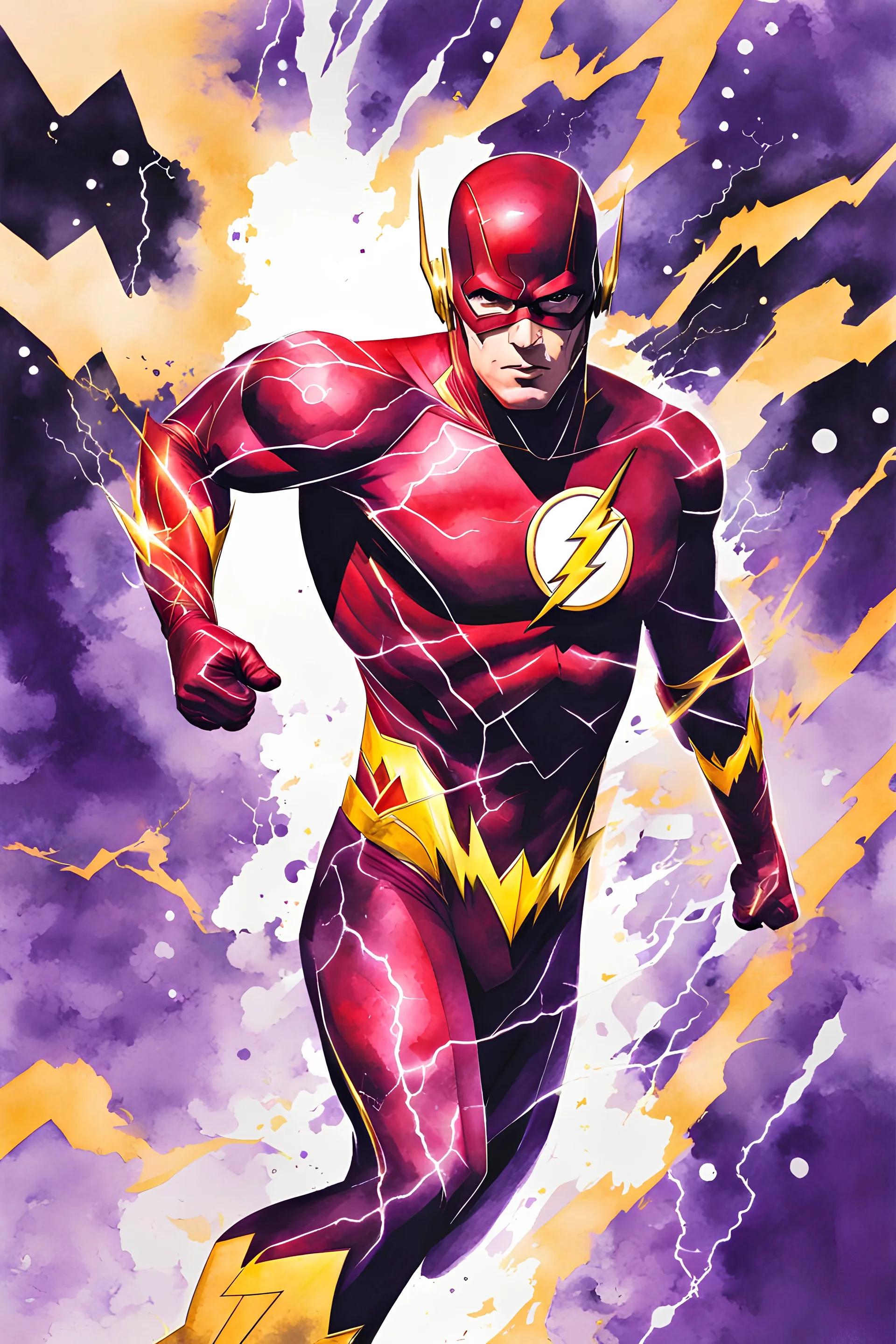 Masterpiece painting, The Flash from DC Comics, watercolor style, lightnings around the character, Professional Quality watercolor painting, Only Two Colors Purple And White With Some lightnings around, duotone only.