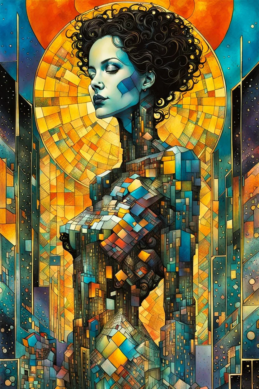 Create a chaotic abstract cubist Tarot Card depicting a full body post apocalyptic, The Popess , with highly detailed facial features, in the style of Bill Sienkiewicz, Philippe Druillet, Gustav Klimt, and Jean Giraud Moebius, precisely drawn, colored and inked