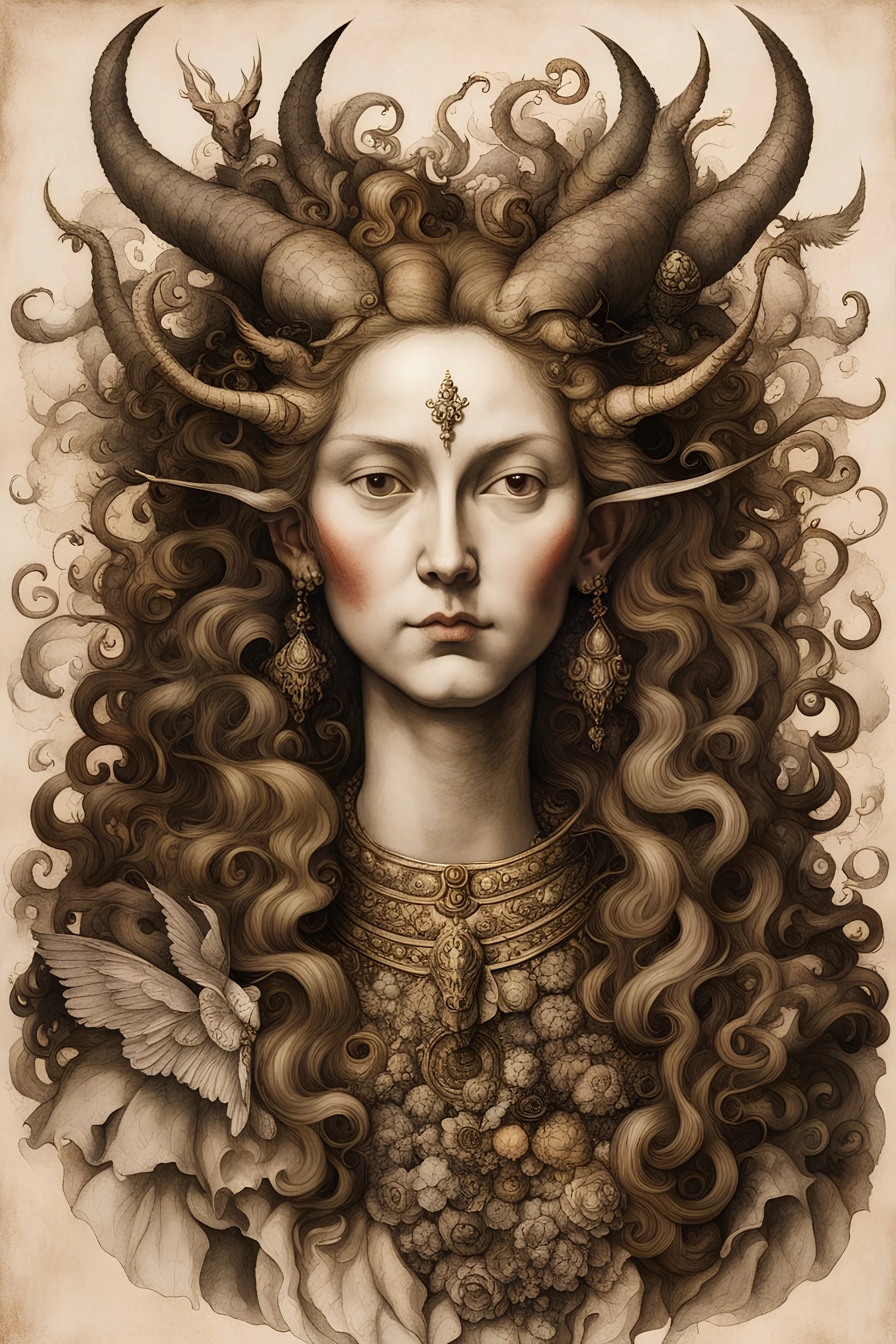 a Flemish Renaissance era ink wash and watercolor illustration of an otherworldly, richly adorned, demoness , highly detailed hair and facial features, in the style of Pieter Brueghel, Jan van Eyck, Quentin Matsys, and Hieronymus Bosch, aged canvas, antique craquelure finish, archaic museum quality masterpiece, 4k