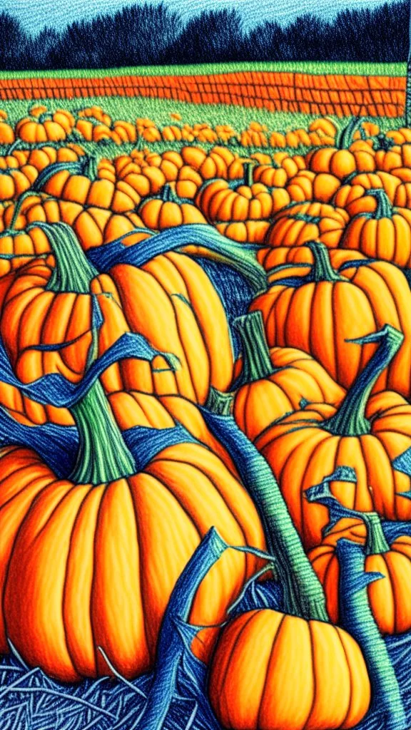 pencil drawing with colored pencils of a pumpkin patch, colorful