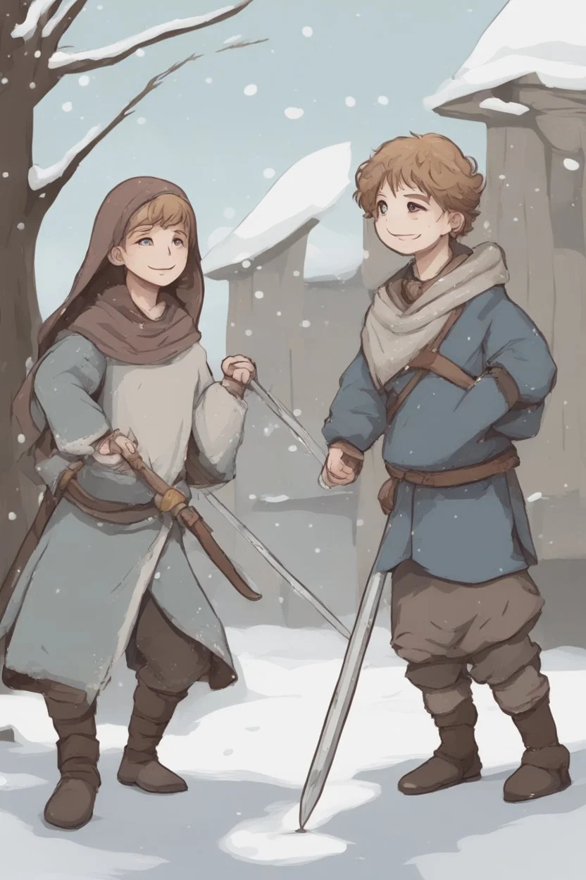 DnD style, two medieval peasant kids playing in the snow male and female, age 14 and 15, happy and playful, he has a short sword.