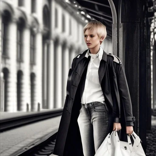 A young German woman with short hair and a black trench coat longingly waiting for her lover at a train station in Munich