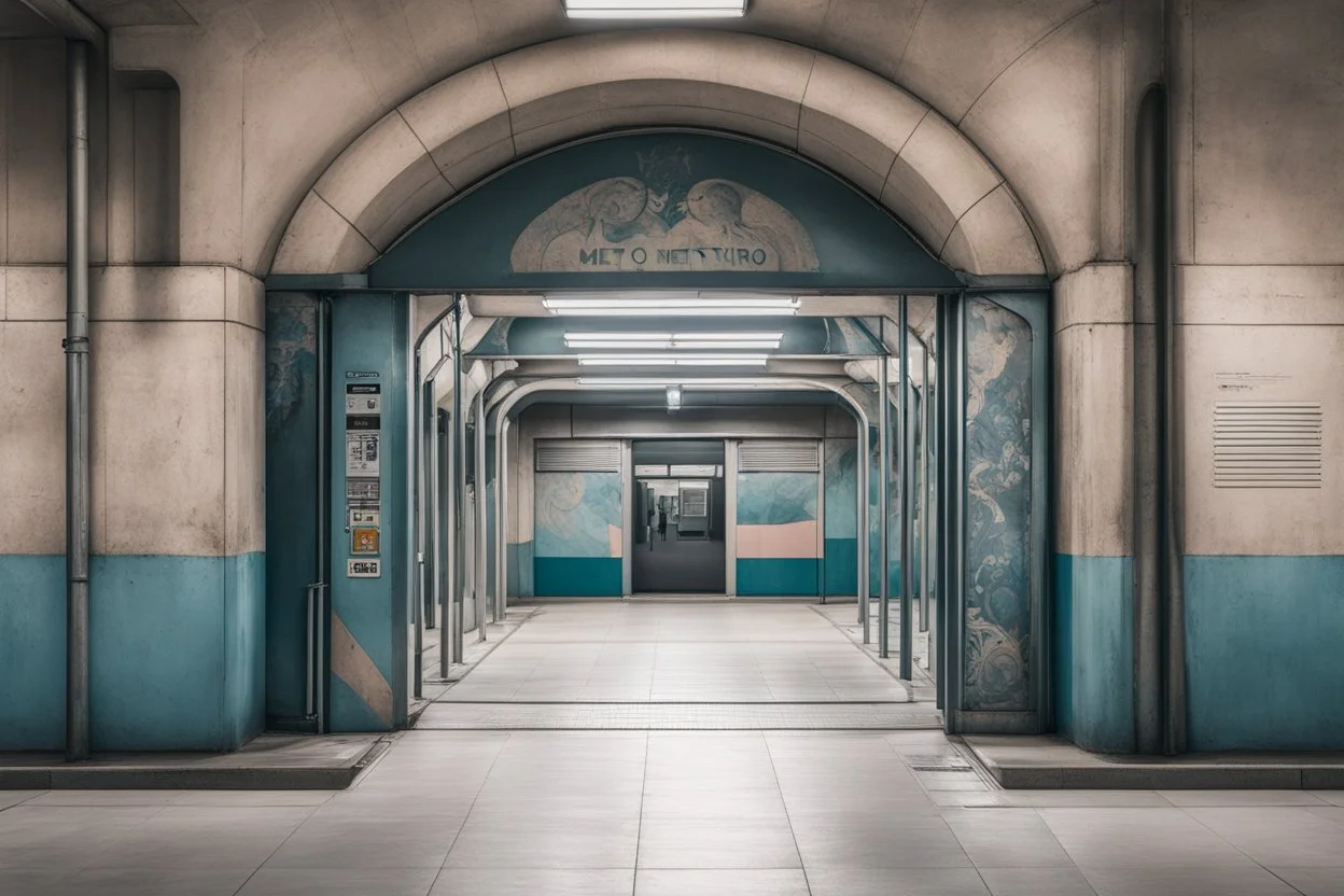 a metro station in pastel concrete, its ground is in metal. There is a Gothic mural on the wall. This traveler is alone and seems so small