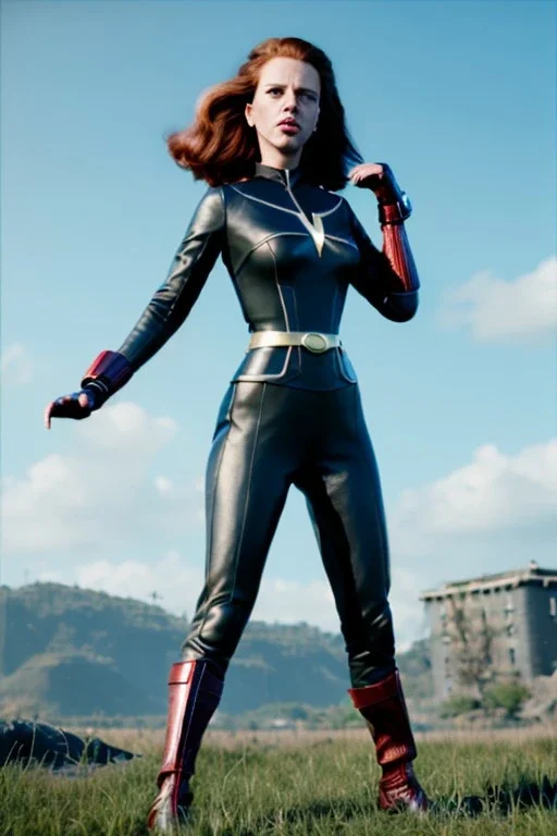 retro portrait image from 1960, sky background, wind, long red hair, fighting stance, sweet young Scarlett Johansson, black dress, classic long tight lycra black suit, gold bracelet and belt, high heel boots, superhero style, black widow, soft color, highly detailed, unreal engine 5, ray tracing, RTX, lumen lighting, ultra detail, volumetric lighting, 3d, finely drawn, high definition, high resolution.