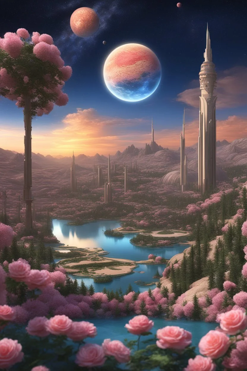 Future city. Designed by Islam on the mountains of Dhubarjad Waterfall pouring into Lake Yaqout Al-Ahmar. Rose trees and exotic fruits. The sky is colored with stars and planets.