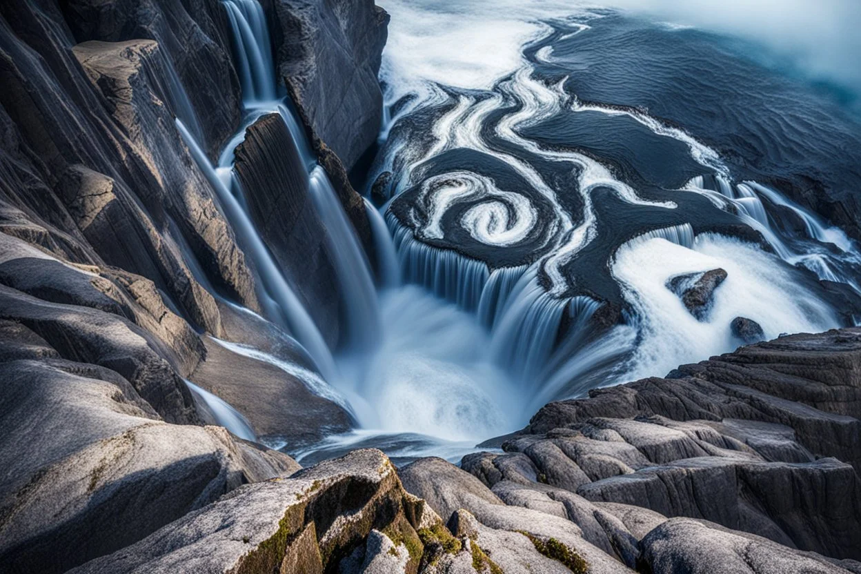 at the base of the rocky mountain peninsula, a great whirlpool waterfalls into deeper unknown depths