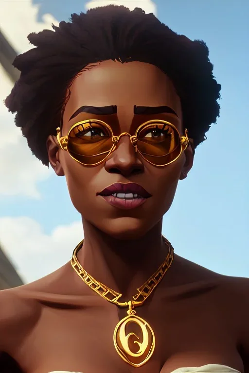 perfektes lächeln einer wunderschönen afro-amerikanischen Frau mit gelocktem braunem haar grosse oberweite portrait hyperrealistisch cinematic perfekter winkel goldkettchen sonnenbrille