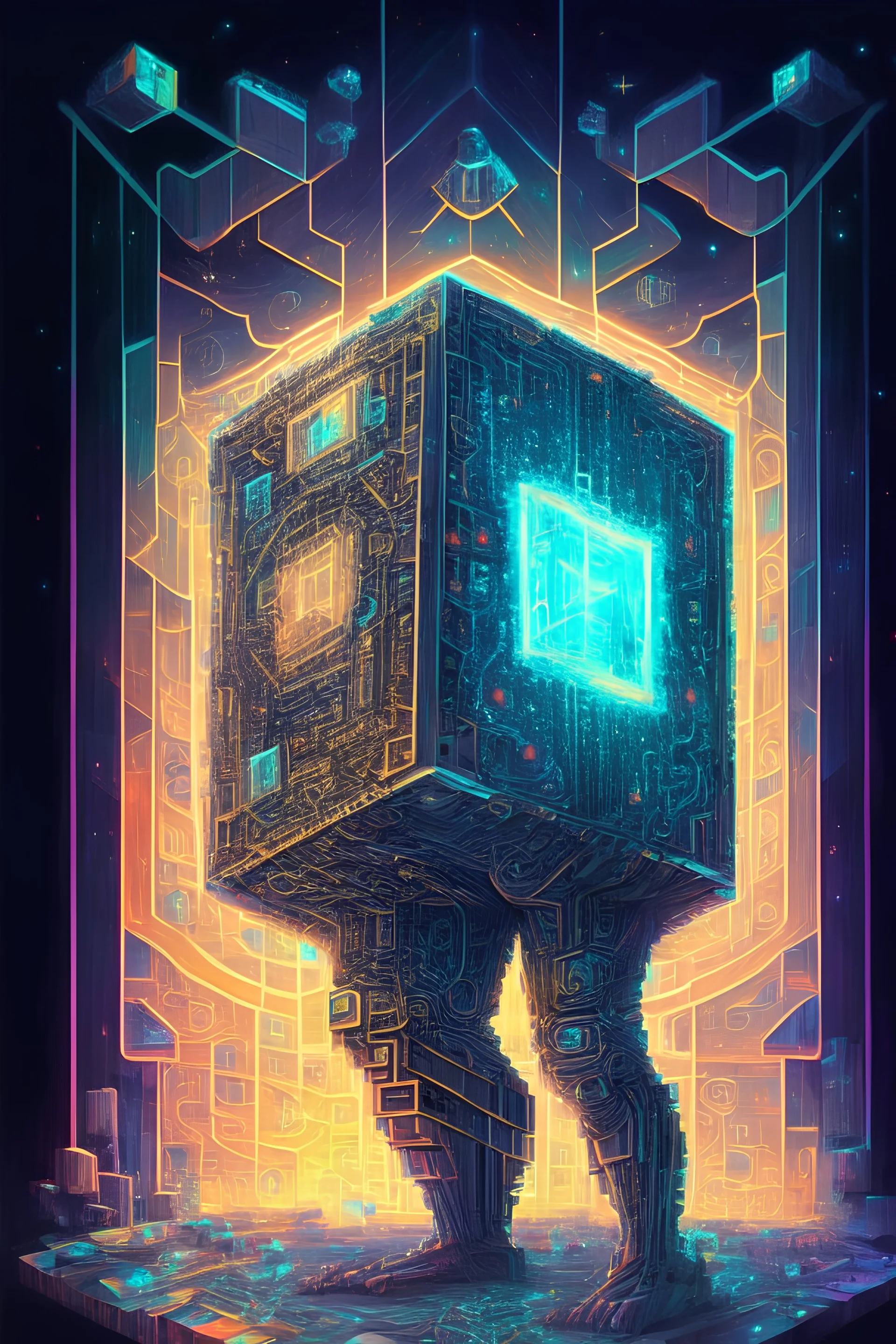 android with cuberimplants, cyberpunk, extremely detailed painting, beautiful glowing, centered, symmetry, painted, intricate volumetric lighting, beautiful, sharp focus, ultra detailed, digital art in the style of dan mumford and marc simonetti, astrophotography