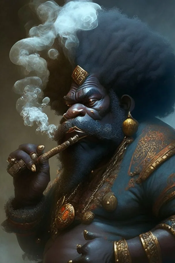 A fantasy black dwarf with an Afro smoking a cigar