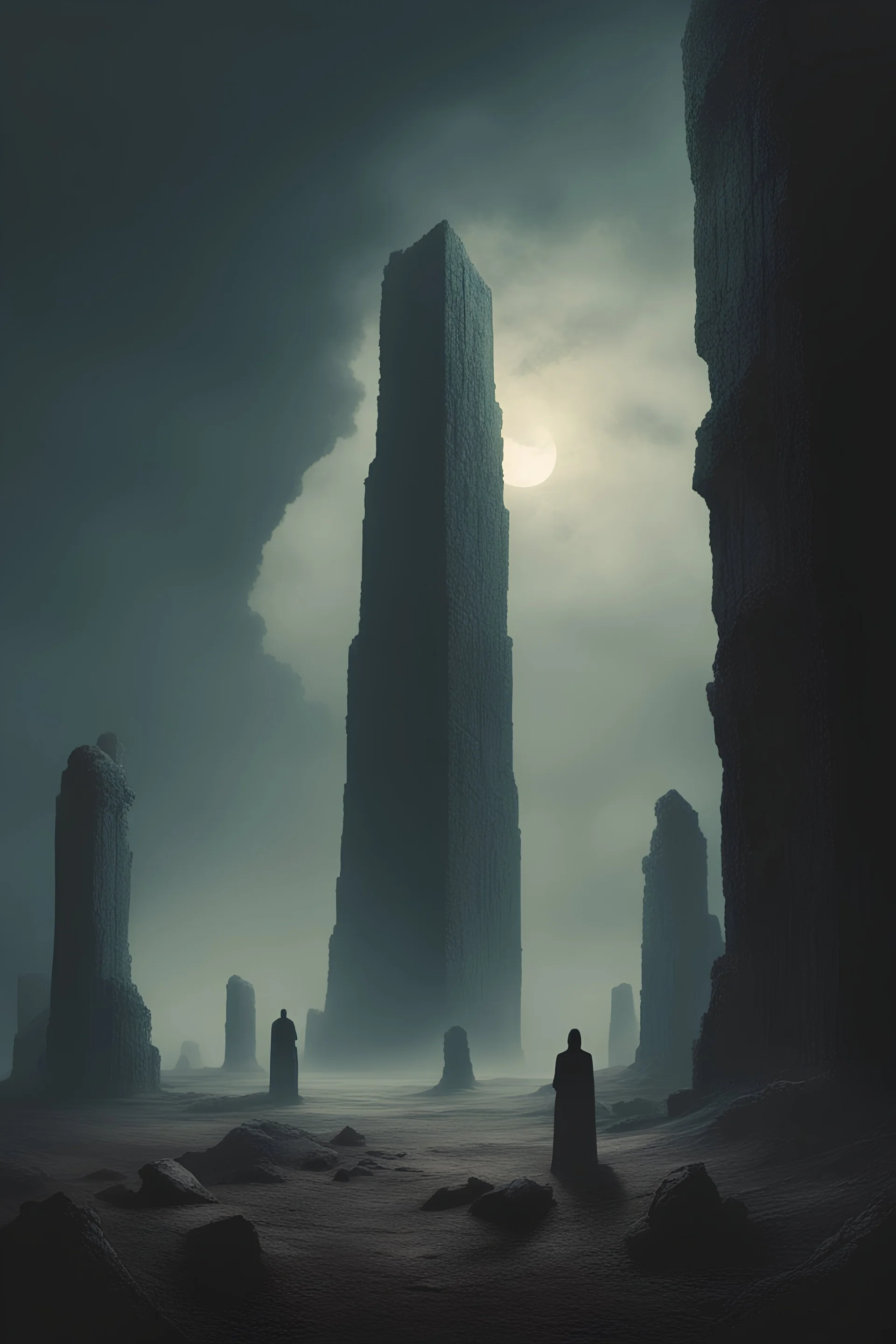 A monolith emerging from a rip in space,ancient ruins in the distance,flock of robed cultists praying,deep shadows, cinematic lighting,in the style of Zvidslav Beksinski, ominous fog in distance